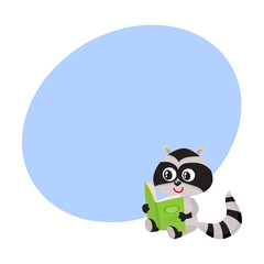 Cute little raccoon student character reading an interesting book, cartoon vector illustration with space for text. Little raccoon student reading big book, back to school concept