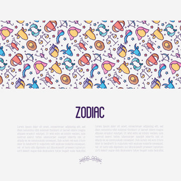 Zodiac signs concept with thin line icons for banner with horoscope, web site or background. Vector illustration.