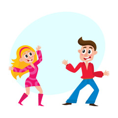 Young couple, man and woman, dancing dicso, having fun, cartoon vector illustration with space for text. Young man and woman dancing together at retro disco party