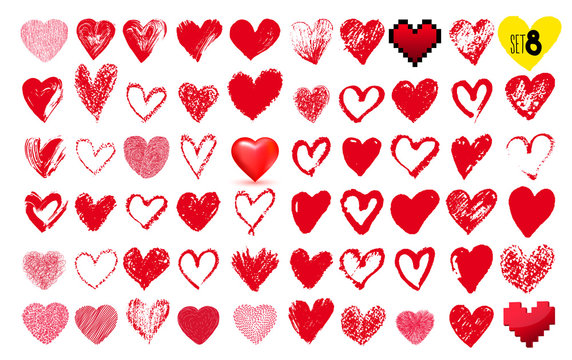 Big set of hand drawn hearts. Red color. Freehand drawing. Vector illustration. Isolated on white background
