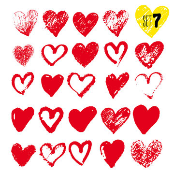 Big set of hand drawn hearts. Red color. Freehand drawing. Vector illustration. Isolated on white background