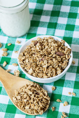 Almond Breakfast Granola With Glass of Milk Close Up