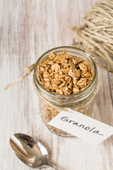 Almond Breakfast Granola With Tag On Glass Jar