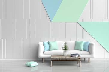 Pastel  room are decorated with white sofa, tree in glass vase,light green and light blue pillows, Blue book, pastel cement wall it is grid pattern and the white cement floor. 3d rendering 