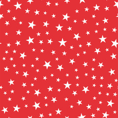 White stars seamless pattern on red background. Pretty endless random scattered white stars festive pattern. Modern creative chaotic decor. Vector abstract illustration.