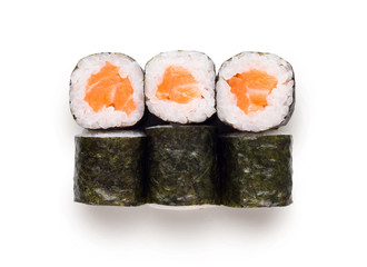Set of salmon rolls isolated on white, closeup