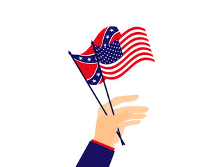 Hand holds the flag of the United States of America and the Confederates. Vector illustration