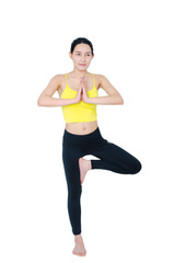 slim woman working yoga for healthy isolated on white background.