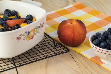 Ingredients for blueberry peach crisp.