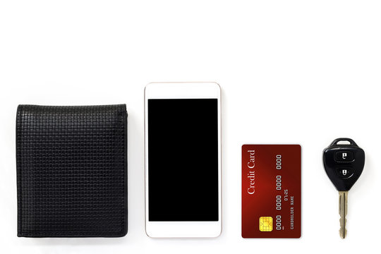 Mobile Phone And Credit Card, Key And Wallet Isolated On White Background.