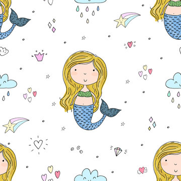 Seamless pattern with Hand drawn vector little mermaid