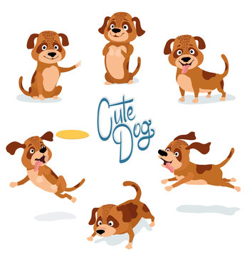 cute cartoon dog pointing, begging, standing, sitting, running, sniffing, playing with yellow plastic disc. set of dog poses on white. vector illustration