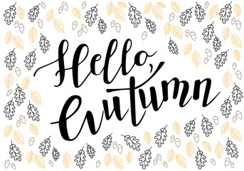 Fototapeta premium Hello autumn vector illustration. Vector illustration of hello autumn text for banners. Hello autumn calligraphy background. Hello autumn lettering typography poster. Good for cards, print, covers