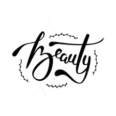 Vector illustration of beauty text for shop logotype. Beauty calligraphy background. Beauty lettering typography poster. Good for banners, print, covers, card