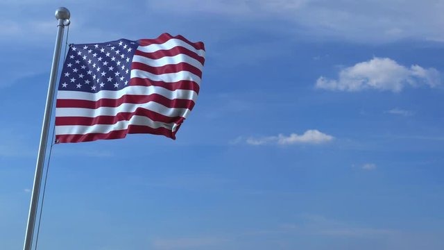 Commercial airplane landing behind waving American flag. Travel to the United States conceptual animation