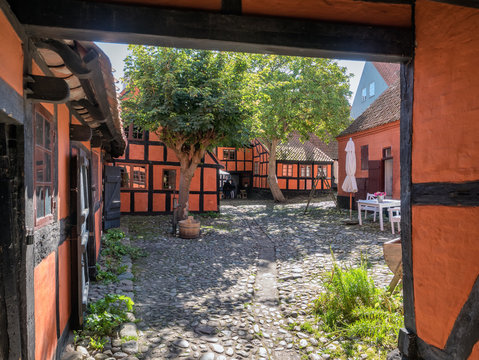 Old streets and half timbered homes in Ebeltoft, Denmark