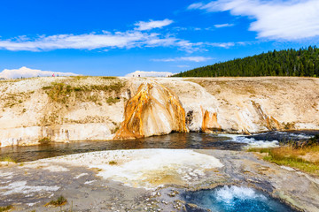 Iron Spring Creek in Black Sand Geyser Basin. Blue boiling water in a crater hot spring, pool....