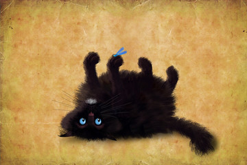 Black Cat Lying On Its Back On Brown Background