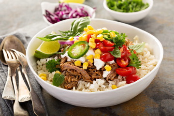 Dinner bowl with rice and pulled pork