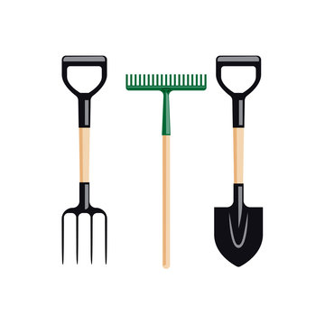 Garden tools. Fork, rake and shovel, isolated on white flat vector illustration
