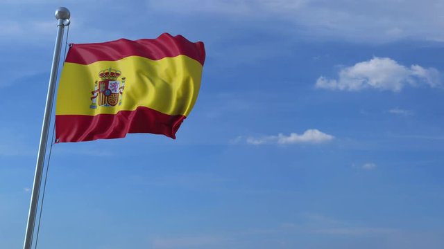 Commercial airplane landing behind waving Spanish flag. Travel to Spain conceptual animation