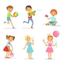 Happy children playing with funny toys on playground. Vector illustrations isolated