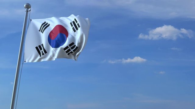 Commercial airplane landing behind waving Korean flag. Travel to South Korea conceptual animation