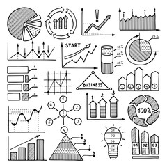 Business illustrations of charts, graphics and other different infographics elements. Pictures in hand drawn style
