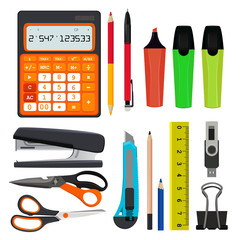 Pencils pens and other different office stationery vector illustrations set isolate on white