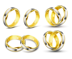 Set of realistic vector illustrations of gold wedding rings with elements of silver, platinum and engraving with shadow, isolated on white. Print, template, design element