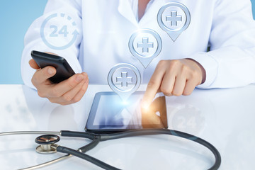 Doctor shows the location of the hospital or pharmacy .