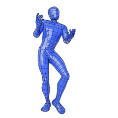 Wireframe human figure declaiming and dancing as a medieval minstrel