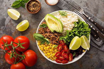 Mexican salad bowl with rice and pulled pork