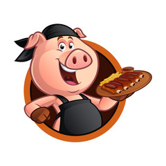 Pig chef carrying a tray with a barbecue rib