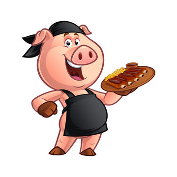 Pig chef carrying a tray with a barbecue rib