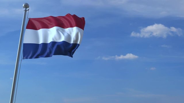 Commercial airplane landing behind waving Dutch flag. Travel to the Netherlands conceptual animation