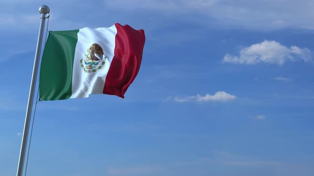 Commercial airplane landing behind waving Mexican flag. Travel to Mexico conceptual animation