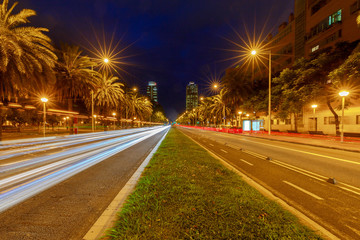 Barcelona. Avenue to the port Olympique at night.