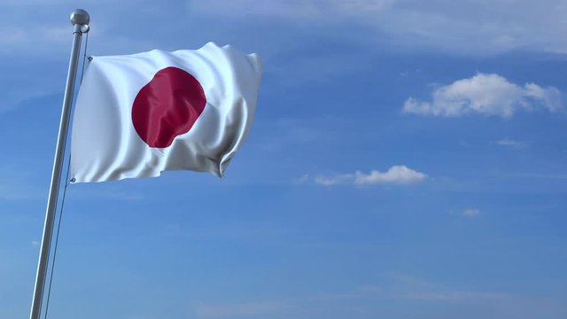 Commercial airplane landing behind waving Japanese flag. Travel to Japan conceptual animation