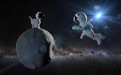 cute cartoon astronaut and space dog on asteroid in white space suits in front of the Milky Way galaxy - obrazy, fototapety, plakaty