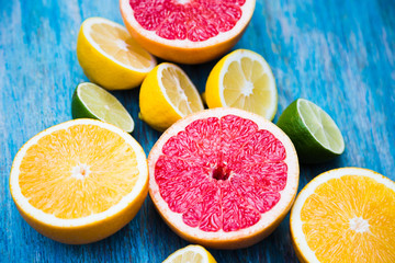 citrus food pattern on blue background