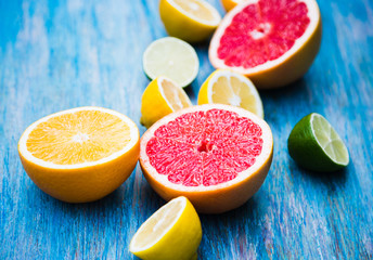 citrus food pattern on blue background