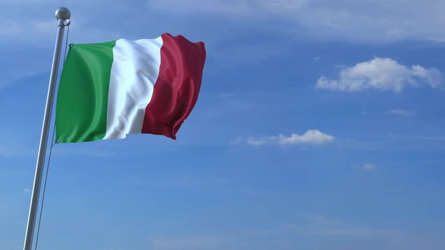 Commercial airplane landing behind waving Italian flag. Travel to Italy conceptual animation