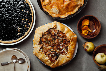 Variety of autumn pies: blueberry tart, chantarelle galette and classical apple pie with sweet pastry crust. Harvest time baking concept. Concrete rustic background.