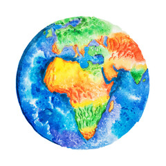 Globe. Aquarelle drawing of Africa relief map. View to Earth from space.