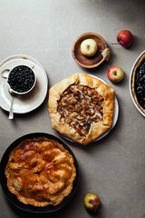 Variety of autumn pies: blueberry tart, chantarelle galette and classical apple pie with sweet pastry crust. Harvest time baking concept. Concrete rustic background. Space for text.