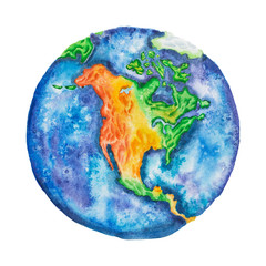 Globe. North America on planet Earth hand-drawn with watercolor technique isolated on white background