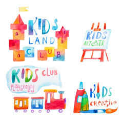 Set of watercolor promo signs with letterings for kids club
