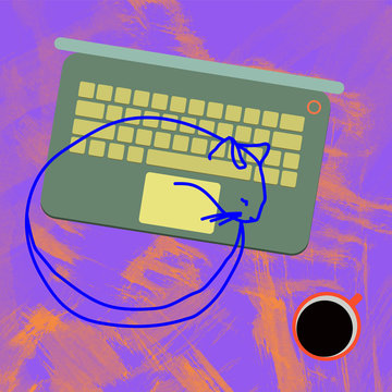 Illustration of coffee cup with cat lying in front of laptop