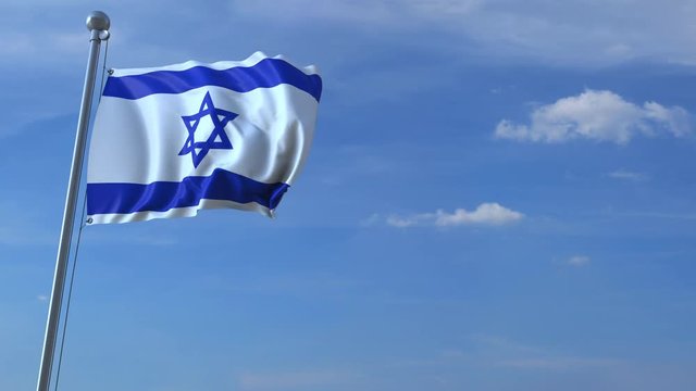 Commercial airplane landing behind waving Israeli flag. Travel to Israel conceptual animation